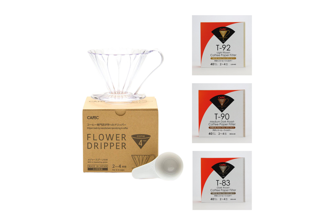 Gift Set | CAFEC Cup 4 Big Pour-Over Flower Dripper | PFD-4 + LC4-40W, MC4-40W, DC4-40W (Clear)